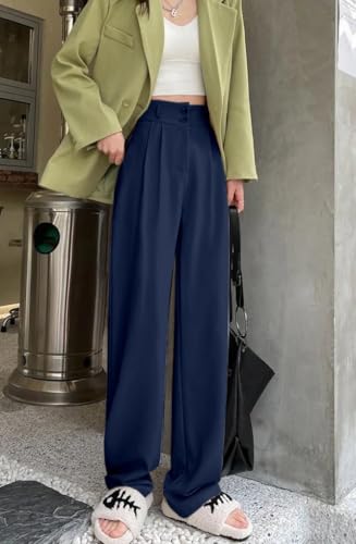 Image of Aahwan Solid Dark Blue Korean Baggy Parallel Formal Pant for Women's & Girls'