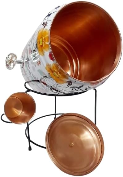 Copper Dispenser White Printed 8 Litre Copper Water Dispenser (Matka) & Glass 300 Ml With Stand. Container Pot with 100% Pure Copper and Ayurvedic Health Benefits (8000 ml)