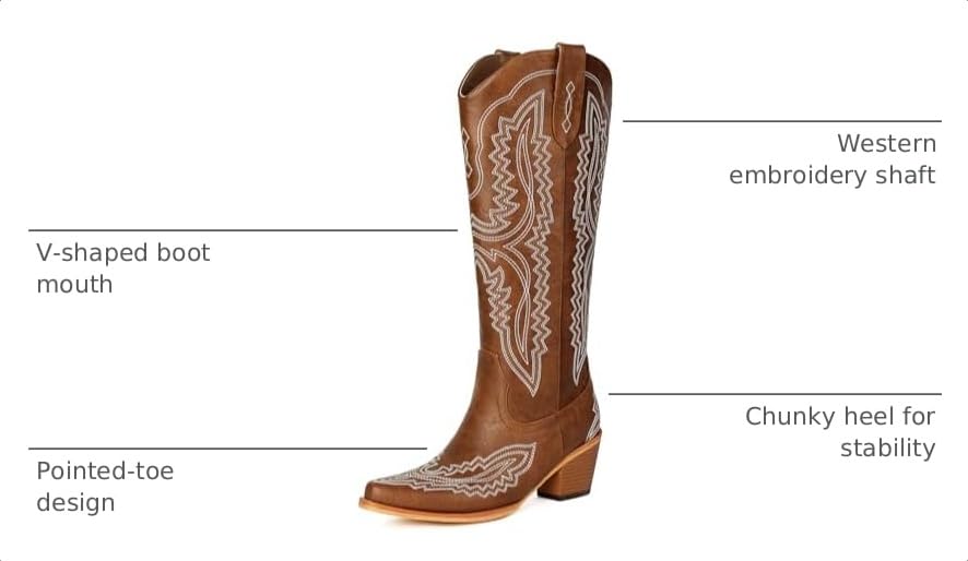 Image of Knee High Cowboy Boots Women Western Embroidered Cowgirl Boot Pointed Toe Chunky Heel Pull On Side Zipper