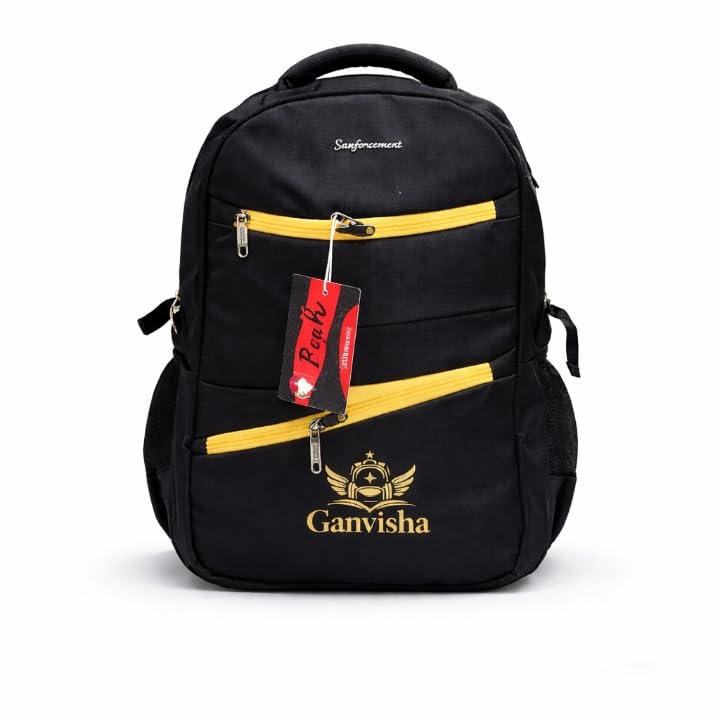 Ganvisha Premium School & Laptop Backpack | Lightweight Water-Resistant Polyester Bag | Multi-Compartment Travel Backpack for Students, Office & Daily Use (Black with Yellow)
