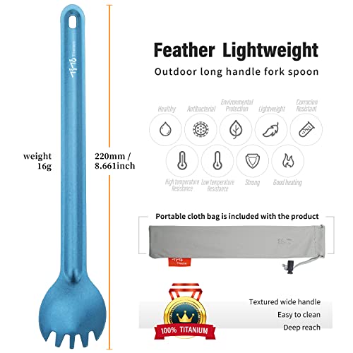 TiTo Titanium Long Handle Spork and Spoon Eco-Friendly Ultralight Portabale Flatware for Outdoor Camping Backpacking Hiking Travel Picnic Tableware with Bag(2pcs Blue) - Image 3
