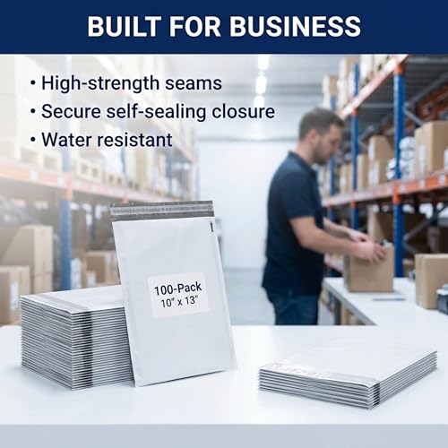 Image of BOX USA Shipping Bags 10 inch x 13 inch (100-Pack) White - Heavy Duty Self-Adhesive Envelope Poly Mailers for Packing, Secure Shipping, & Small Business Mailing