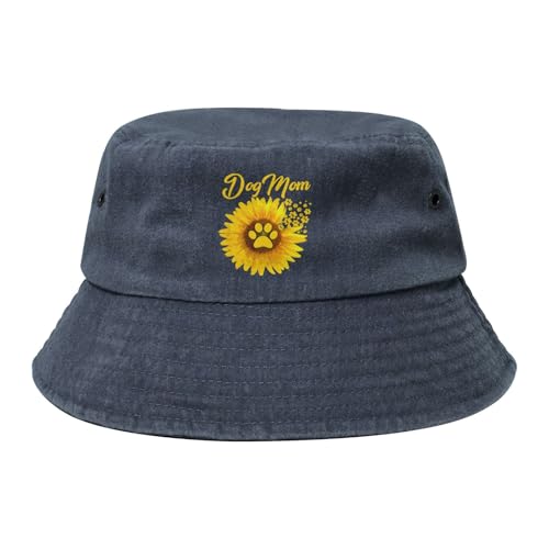 Dog Mom Sunflower Dog Paw Bucket Hat Cotton Sun Hat Summer Beach Hat Navy Blue