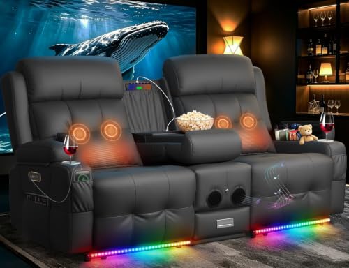 Image of Home Theater Seating, Power Loveseat Recliner Sofa with Massage & Heat, Wall Hugger Reclining Loveseat with USB, RV Couch with LED Lights, Flip Backrest, Cup Holders for Movie Theater & Gaming Room