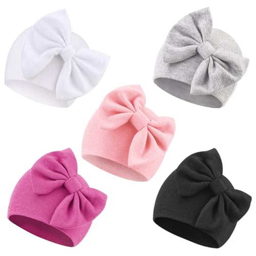 Image of AQOKKA Newborn Baby Girl Hats with Bow Cotton Toddler Infant Beanie Cap Newborn Hospital Hats for Baby Girl Kid 0-24 Months