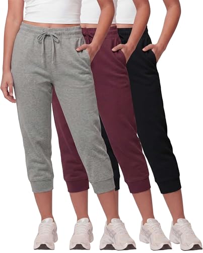 Image of Real Essentials 3 Pack: Women's Fleece Capri Joggers Athletic Lounge Gym Running Sweatpants with Pockets (Available in Plus)