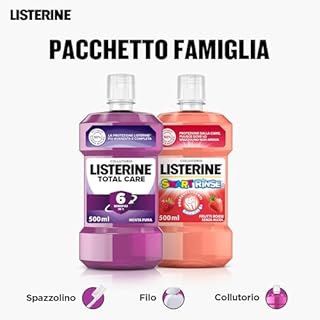 LISTERINE Collutorio Set Famiglia Esclusiva Amazon, Total Care Menta Pura 500 ml e Smart Rinse Kids 500 ml 0% alcol al gusto Frutti Rossi, Kit pulizia denti senza alcool per un'igiene orale completa