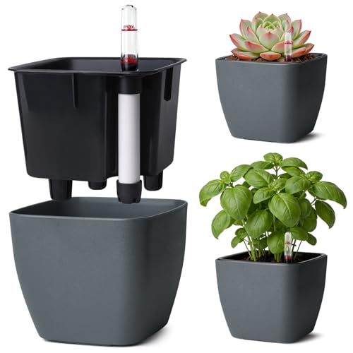 T4U 3Pcs 12 5cm Eckig Selbstbewässerungstopf mit Wasserstandsanzeige Blumentopf für vielbeschäftigte Anfänger und Gärtner geeignet für Basilikum/Petersilie für den Innen und Außenbereich (Grau)