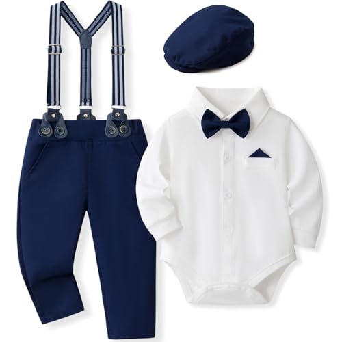 Image of SALNIER Baby Boy Suit Set Infant Formal Outfit Tuxedo | Soft Cotton Shirt Suspenders Pants Bow Tie Beret Hat 5pcs Set, For Wedding Baptism Birthday Party
