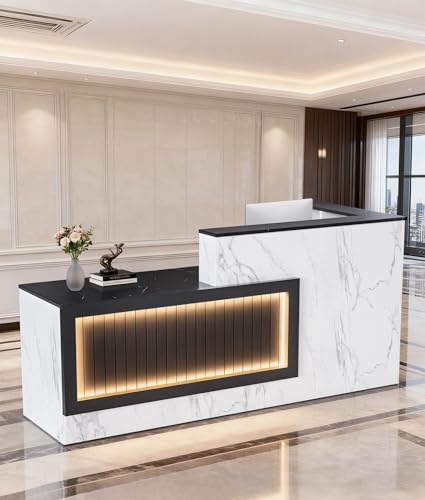 L-Shaped Modern Large Wooden Commercial Reception Desk with Counter & Shelves, Front Reception Desk Counter Table with Drawers for Offices,Home (Black, Left- 71''L x 42''W x 41''H)