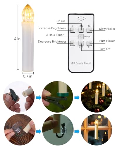 Raycare Lot de 10 bougies de fenêtre LED sans flamme avec minuteur à distance, bougies coniques sans flamme à piles, lumière blanche chaude vacillante avec clips/ventouses pour Noël, Halloween – Image 7