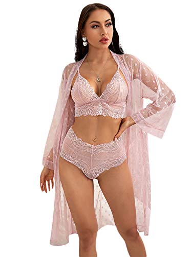 SheIn Women's Sexy Kimono Robe Set Lace Cami and Shorts Lingerie Mesh Pajamas Pastel Pink Large