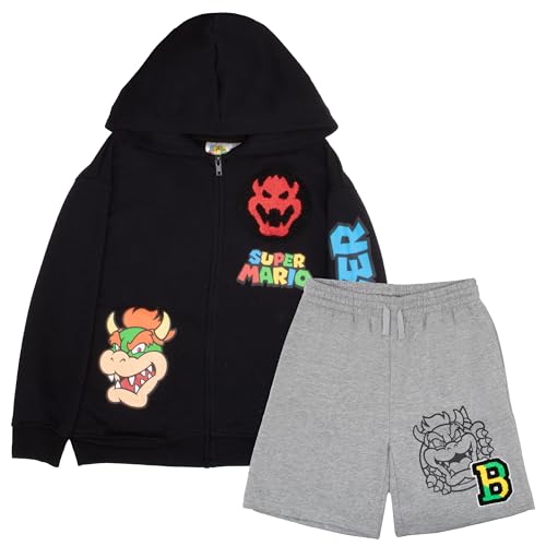 Image of Nintendo Super Mario, Bowser, Mario Kart Boys Zip-Up Hoodie and Shorts 2-Piece Set - Graphic Sweatshirt and Shorts for Kids