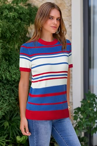 Image of Arach&Cloz Women's Lightweight Wool Blend Short Sleeve Sweater Top Business Casual