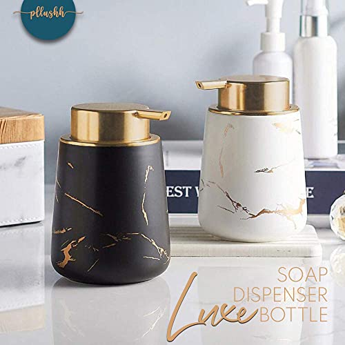 Image of Luxury Ceramic Soap Dispenser (Luxe White) - 400ml Wide Modern Refillable Lotion Shampoo Handwash Bottle Matte White with Gold Marbling Premium Countertop Accessory for Bathroom, Kitchen & Wash Basin