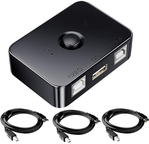 MISYNLON USB 2.0 Sharing Switch, selettore stampante USB B 2 in 1, interruttore USB 2 computer che condividono con Luce LED, per stampante, scanner, tastiera, Include 3 cavi USB 2.0 da 1,5M