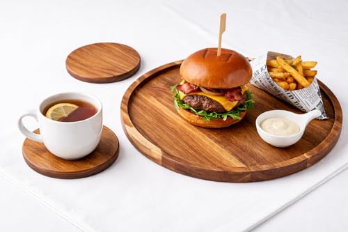 Image of Wooden Platter with 4 Tea Coasters - Elegant Serving Set for Home and Cafe