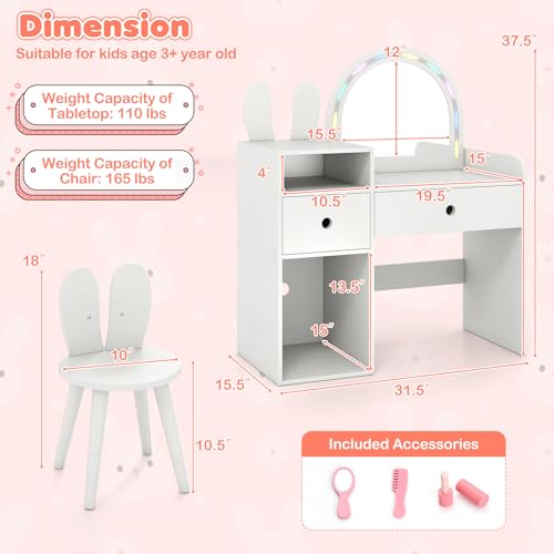 Image of HONEY JOY Kids Vanity with Lights, Rabbit Themed Princess Makeup Dressing Desk, Storage Cabinet, Wooden Pretend Play Toddler Vanity Table & Chair Set with Lighted Mirror for Little Girls (White)