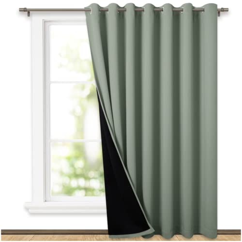 NICETOWN Greyish Green Full Shading Extra Wide Curtains for Patio Door, Super Heavy-Duty Thermal Backing Sliding Glass Door Drape, Privacy Assured Win