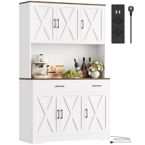 HOCSOK Buffet Cuisine 105x180 cm (BxH), Haut Armoire de Cuisine, Vaisselier avec Prises Électriques, avec 2 Tiroirs, Étagères Réglables, Meuble de Rangement pour Salle à Manger Salon