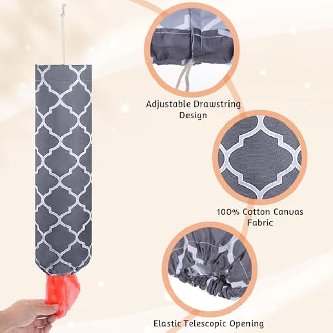 1pcs Plastic Bag Holder, Free Adjustment Washable Grocery Bag Holder for Bags with Drawstring, Reusable Grey Lantern Wall Mount Plastic Bags Organizer for Home Kitchen Travelling