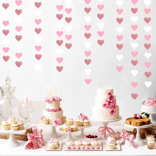 Image of Rose-Gold Pink White Party-Decoration Heart Garland - 39Ft 21st Women Birthday Hanging Backdrop Streamers,Graduation Baby Bridal Shower Engagement Wedding Bachelorette Banner Supplies Decor