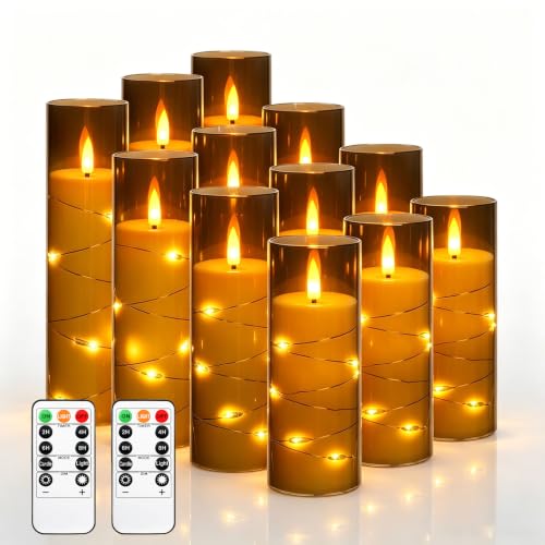 Image of 12 Pack Gray Acrylic Flameless Taper Candles, Flickering Black Wick LED Candles with Surrounding Fairy String Lights, Heat Resistant ABS Candles, 2 Remotes, Assorted 5-8 Inch for Indoor Outdoor Decor