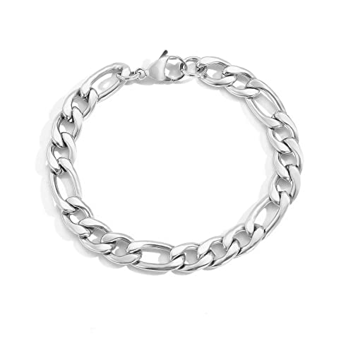 Jayumo 10 Mm Stainless Steel Figaro Curb Cuban Link Bracelets For Men Boys, Gold Silver Black Bracelets (Silver 10Mm Figaro Chain 7.5 Inches) #TOP4