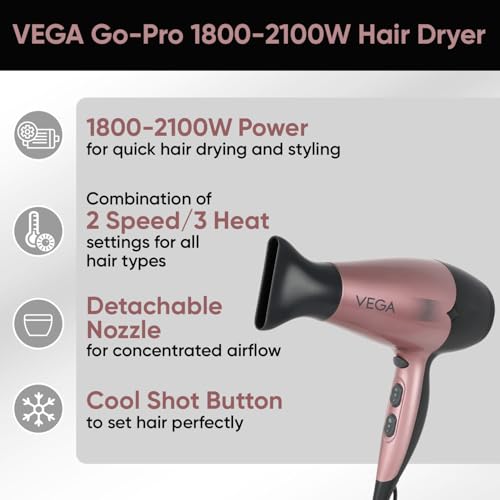 VEGA Go Pro 2100 Watts Professional Hair Dryer With Detachable Nozzle, 2 Speed & 3 Temperature Settings With Cool Shot Button For Salon-Like Blow Dry, Hair Dryer For Men & Women... - Image 2
