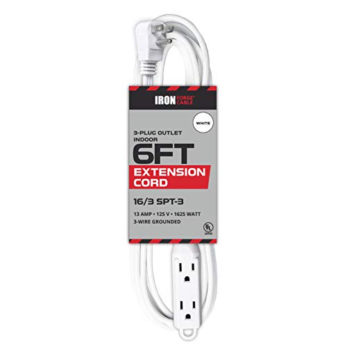 6 Ft Extension Cord with 3 Electrical Power Outlet - 16/3 Durable White
