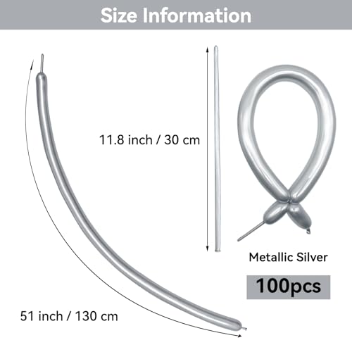Image of Metallic Silver Long Balloons Premium 260 Twisting Magic Balloons for Birthday Kids Wedding Party Supply 100pcs