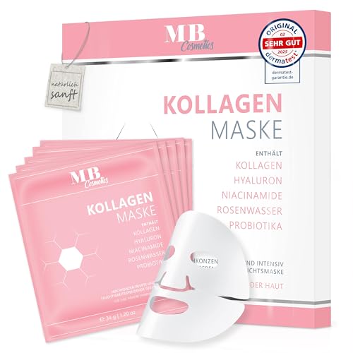 Kollagen Maske mit Hyaluron & Niacinamid – Hydrogel Gesichtsmaske zur Faltenreduktion & Feuchtigkeitspflege – Probiotika-Komplex für straffere Haut – 5x Tuchmasken für Damen – Made in Germany