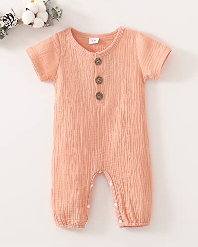 Baby Girl Outfit 9 Month Summer Clothes Short Sleeve Jumpsuit Solid Romper Cotton One-Piece Coverall Outfit Pink Jumpsuit 6-12 Months #TOP4