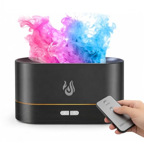 Essential Oil Diffuser with Multi-Colour Flame Effect & Remote Control 180ml Cool Mist Humidifier 7-Colour LED Light Ultra-Quiet Auto Shut-Off Black