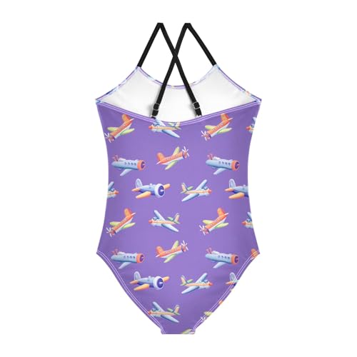 senya Girls Swimsuits One-Piece Swimwear Tie Bathing Suit Beach Summer Round Neck 5-6T Airplane Purple Background Pattern2
