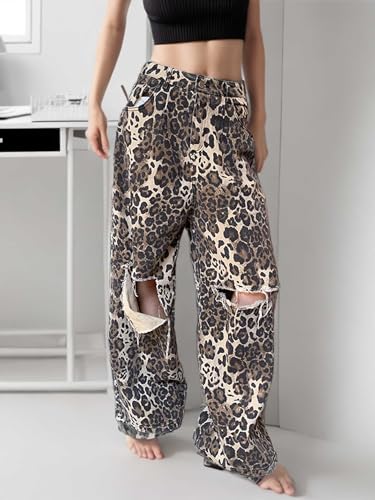 Leopard Print Jeans Ripped Jeans Womens Baggy Pants Y2k Wide Leg Jeans Vintage Pants Streetwear4