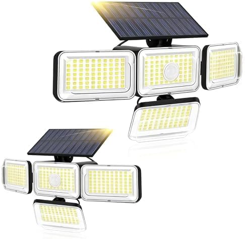 Solar Outdoor 2 Pack Security Lights, 2800LM Motion Activated LED Wall Light with Remote Control, IP65 Waterproof, 4 Adjustable Heads Solar Flood Light for Yard Patio Garage Pathway, 2 Pack