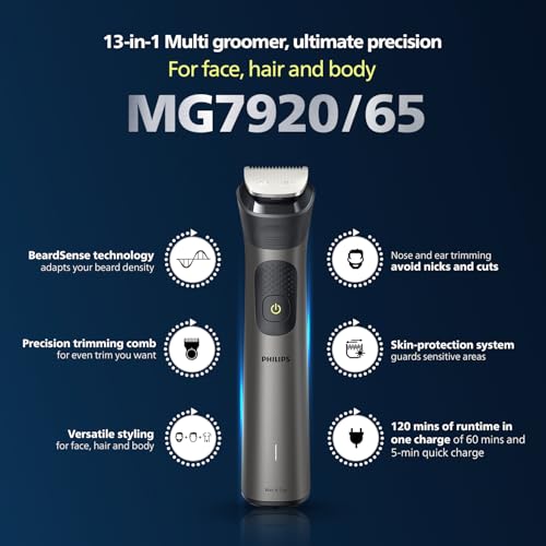 Philips India's No.1 Men's Trimmer| Patented Twin Trim Blades I Precision Trimming, 13-in-1 Modern Man Kit -Face, Body & Private Parts I 3 Year Warranty I120Min Runtime I 5 min Quick Charge MG7920/65 (Image - 2)