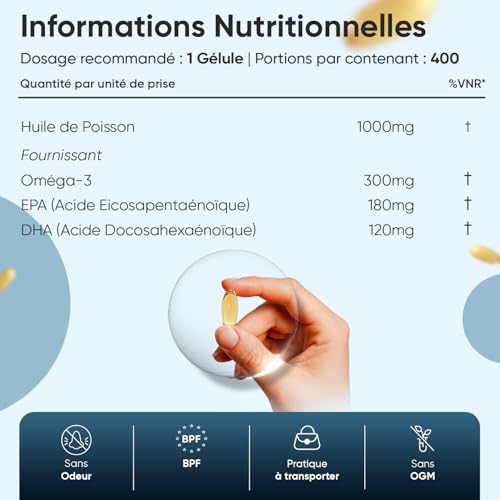 Oméga 3 Huile de Poisson 400 Gélules pour +1 An d'Apport, Fish Oil Omega 3 EPA DHA sans Odeur, Selon l'EFSA, l'EPA et le DHA Contribuent au Fonctionnement Normal du Cœur, Enrichi en Vitamine E – Image 4