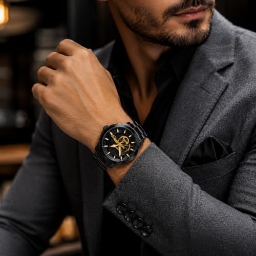 Image of Skeleton Automatic Watch for Men, Mechanical Self Winding Analog Wrist Watch, Black Stainless Steel Chain Strap, Luxury Gold Accent Dial, Waterproof 3ATM, Luminous Hands, Premium Mens Silver Watch