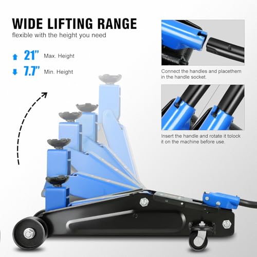 Image of DNA Motoring 3 Ton Low Profile Floor Jack, 3 tons (6000 lbs) Capacity Fast Lift Hydraulic Trolley Service /Floor Jack, 7.7 inch-21 inch Lifting Range, Blue, TOOLS-00674-BL