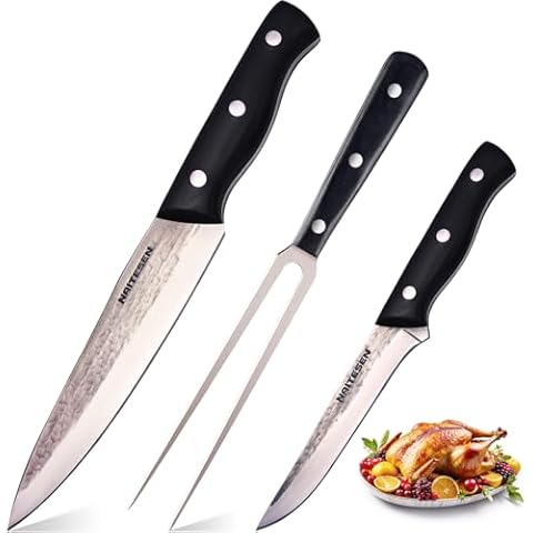 Naitesen 3PCS Kitchen Chef Knife Set Very Sharp Hand Forged Chef Knife Boning Knife Fork Set for Meat CuttingHigh Carbon Steel Kitchen knives with for BBQ, Turkey, Ham, Meat, Brisket Cover