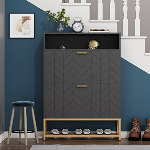 Loomie-Shoe-Cabinet-Free-Standing-Tipping-Bucket-Shoe-Rack-Organizer-with-2-Flip-DrawersEntryway-Narrow-Shoe-Storage-with-Shelf-Top-CubbyModern-Slim-Hidden-Cabinet-With-Doors-Black Loomie Shoe Cabinet Free Standing Tipping Bucket Shoe Rack Organizer with 2 Flip DrawersEntryway Narrow Shoe Storage with Shelf Top CubbyModern Slim Hidden Cabinet With Doors Black