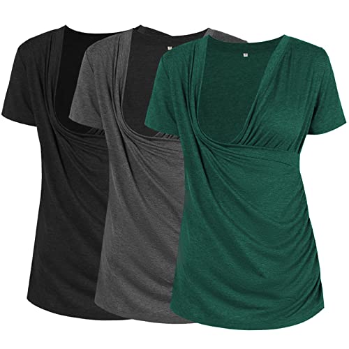 Image of Liu & Qu Women's Maternity Nursing Tops, Layered Wrap for Breastfeeding, V-Neck Short Sleeve Tee Shirts 3 Packs
