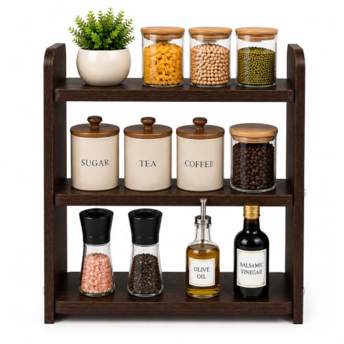 Image of 3-Tier Kitchen Organizer Rack for Countertop, Engineered Wood Spice Rack Shelf, Space Saving Storage Stand for Kitchen, Bathroom & Office, Easy Assembly, Dark Brown