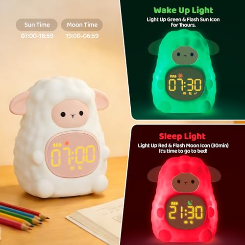 Image of Sheep Alarm Clock with Night Light for Kids with Sleep Training and Sound Machine, Rechargeable Silicone Lamp OK to Wake Clock,Cute Animal Tabletop Lamp, Perfect Sleep Companion for Boys Girls, Pink