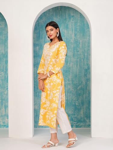 Image of GoSriKi Women's Cotton Blend Chikankari Embroidered Straight Kurta