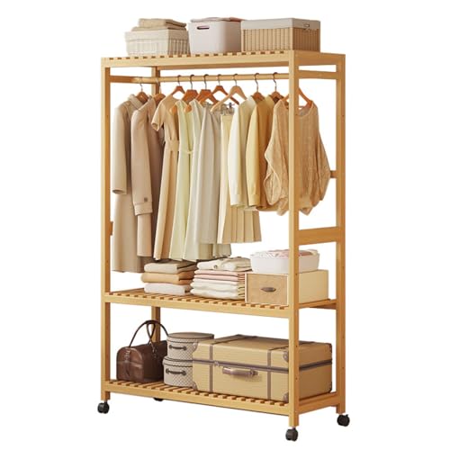 Perchero de bambú con varillas para colgar, perchero con ruedas para armario abierto, ideal para dormitorio, pasillo y sala de estar