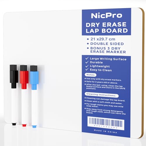 Nicpro Dry Erase Mini Whiteboard A4 Double Sided Lapboard with 3 Water-Based Pens Learning Small White Board Portable Drawing Writing for Student and Classroom Use