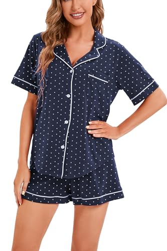 Image of LUBOT 100% Cotton Pajamas for Women 2 Piece PJ Set Button-Down Soft Knit Short Sleeve Summer Sleepwear Loungewear XS-XXL